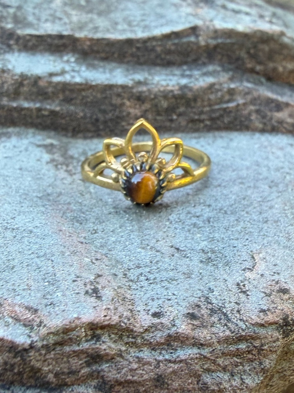 Genuine Gemstone Gold Lotus Ring Tiger's Eye Stone
